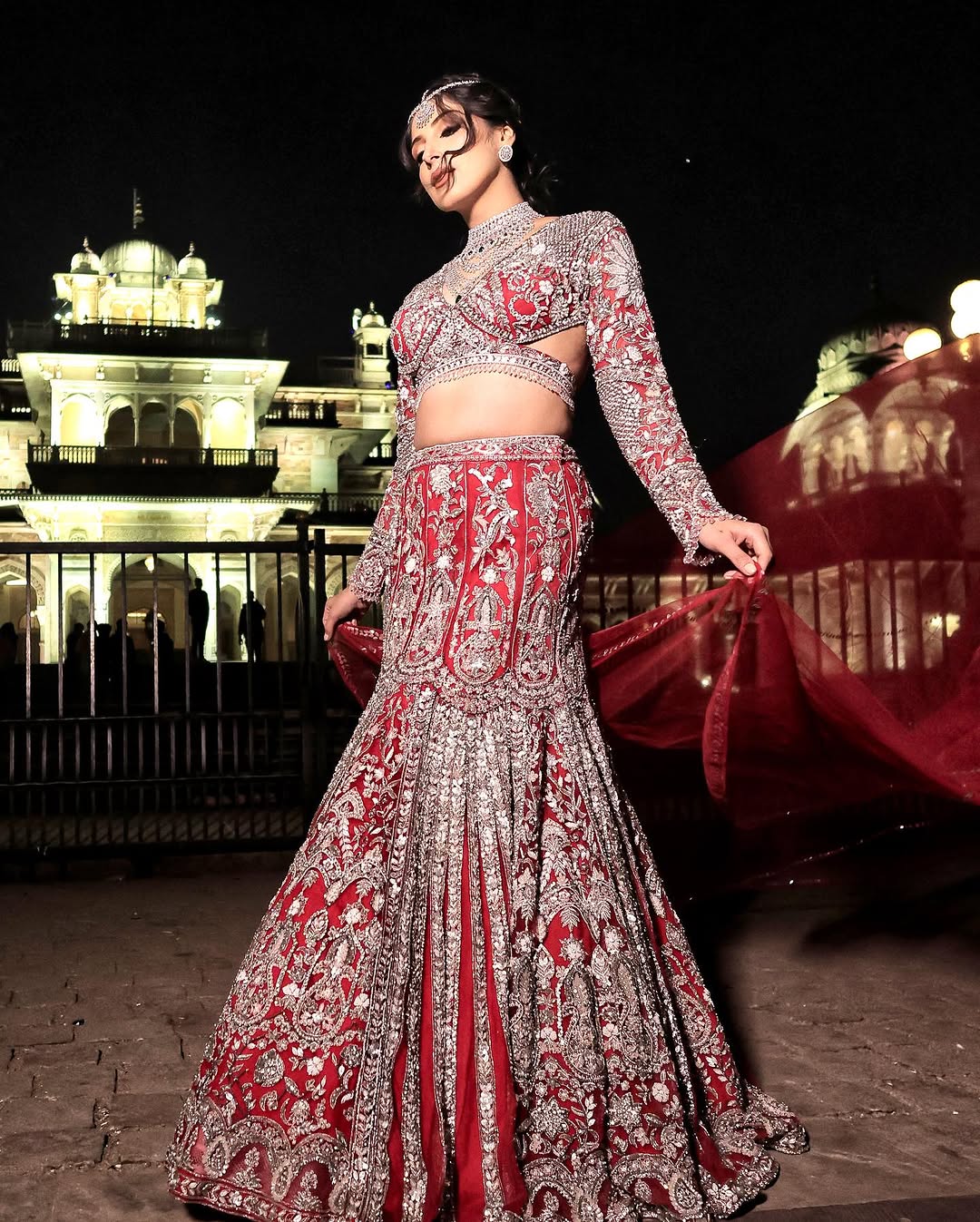 AMARNATH RED ZIRCON FISH CUT LEHENGA