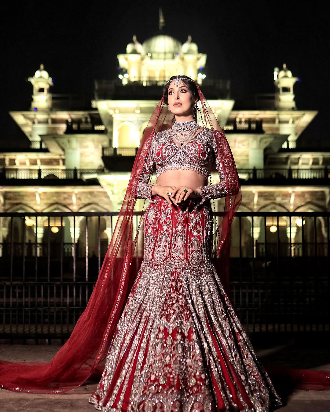 AMARNATH RED ZIRCON FISH CUT LEHENGA