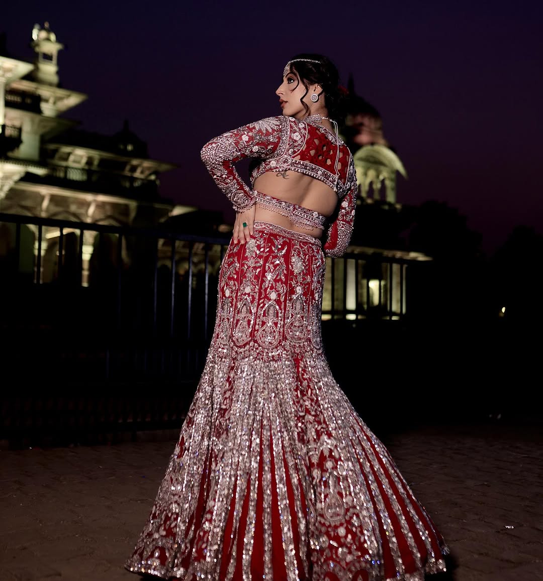 AMARNATH RED ZIRCON FISH CUT LEHENGA