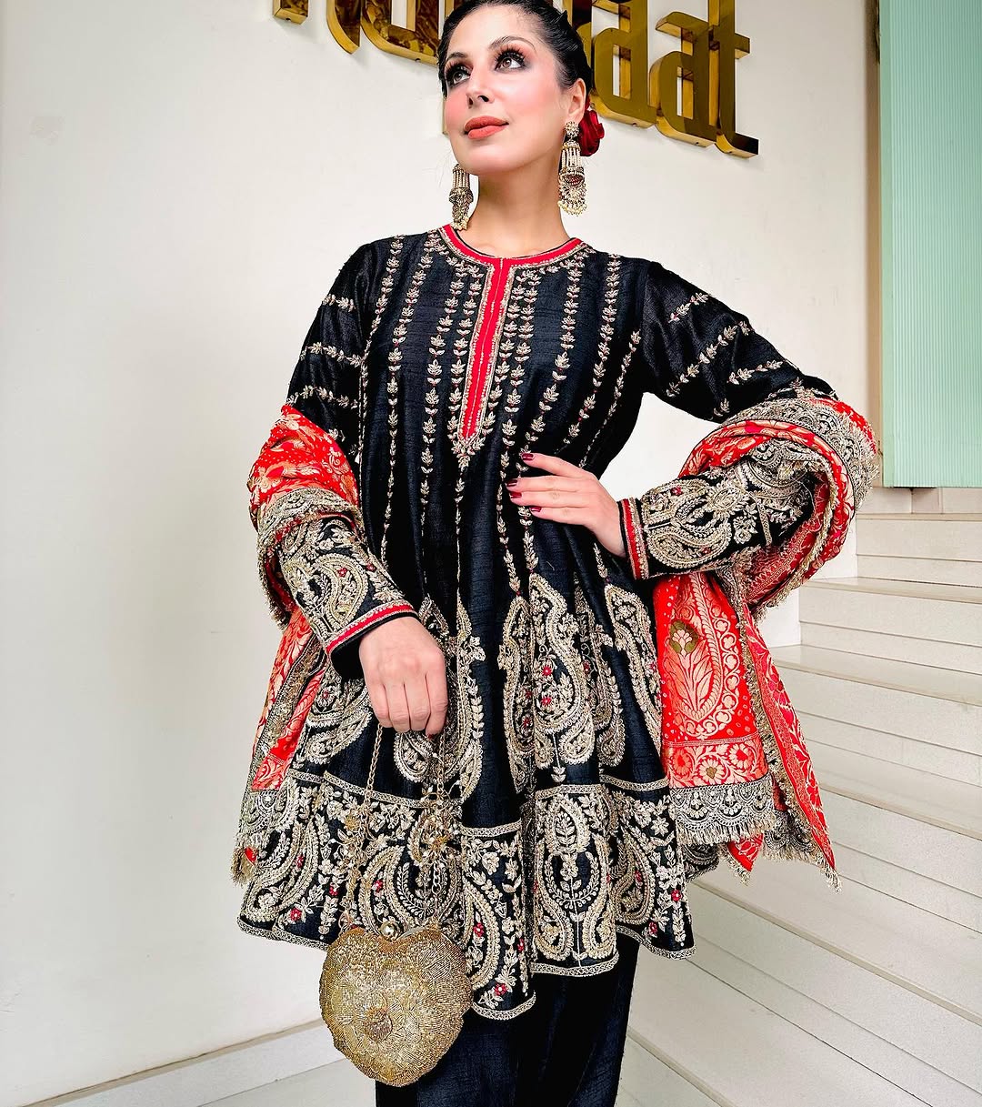 BLACK EMBROIDERED SHORT ANARKALI SUIT