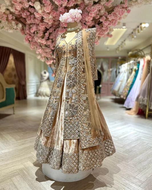 CREAM GOLD VELVET ANARKALI SUIT WITH DUPATTA