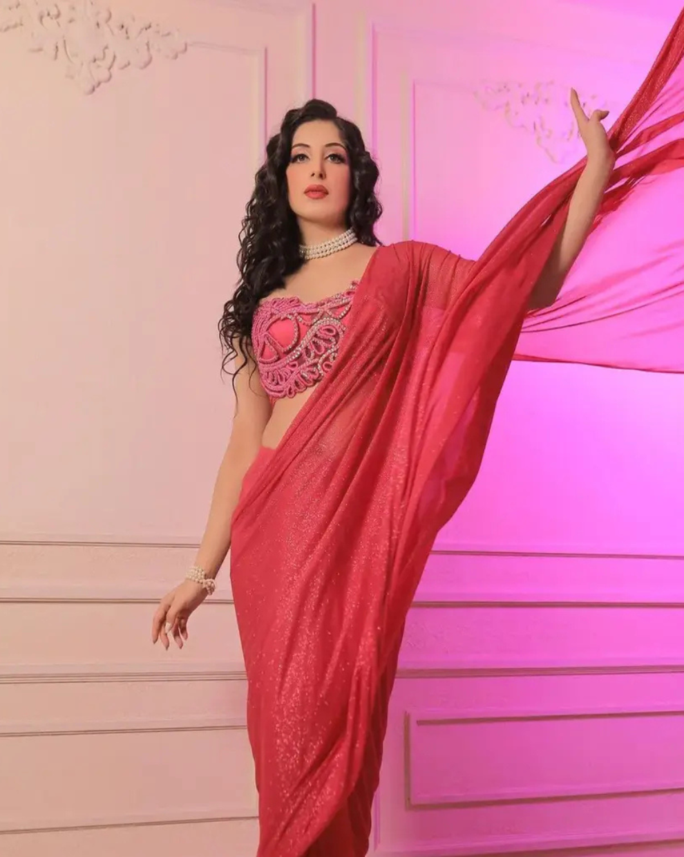 WATERMELON PINK COLOR SAREE WITH DESIGNER EMBROIDERED TOP