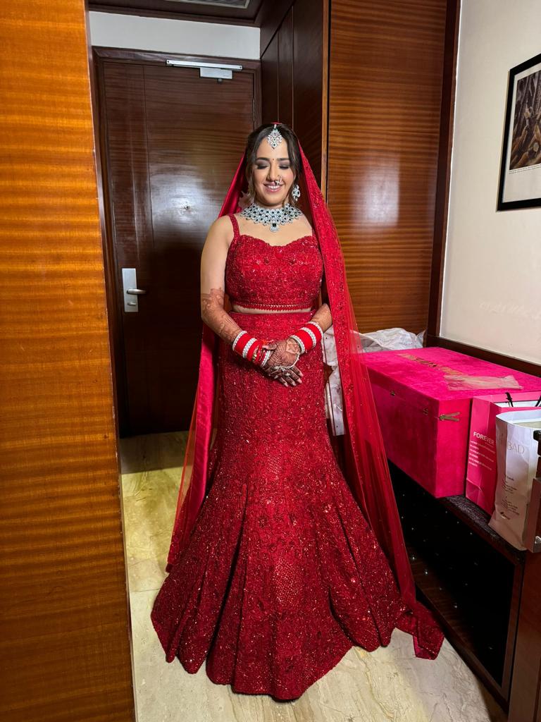 BRIDAL MAHOGANY RED COLOR DESIGNED LEHENGA WITH LONG TRAIL